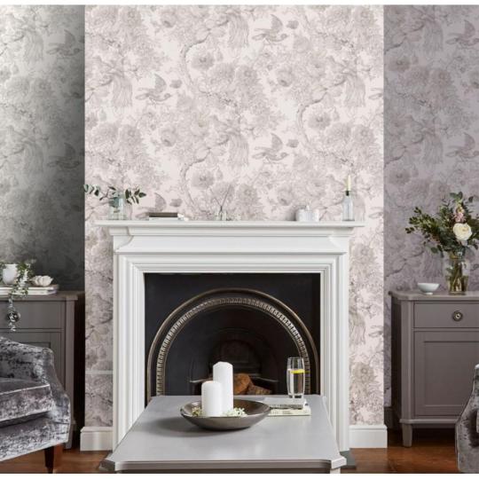 virag madar mintas vintage tapeta bezs szurke feher elegans letisztult romantikus lakas otthon nyaralo nappali haloszoba klasszikus cukraszda etterem.jpg